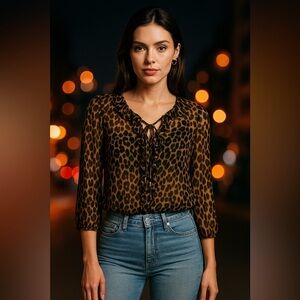 Express Leopard Print Ruffle Blouse Women’s XS – Sheer Cropped Y2K Retro Preppy